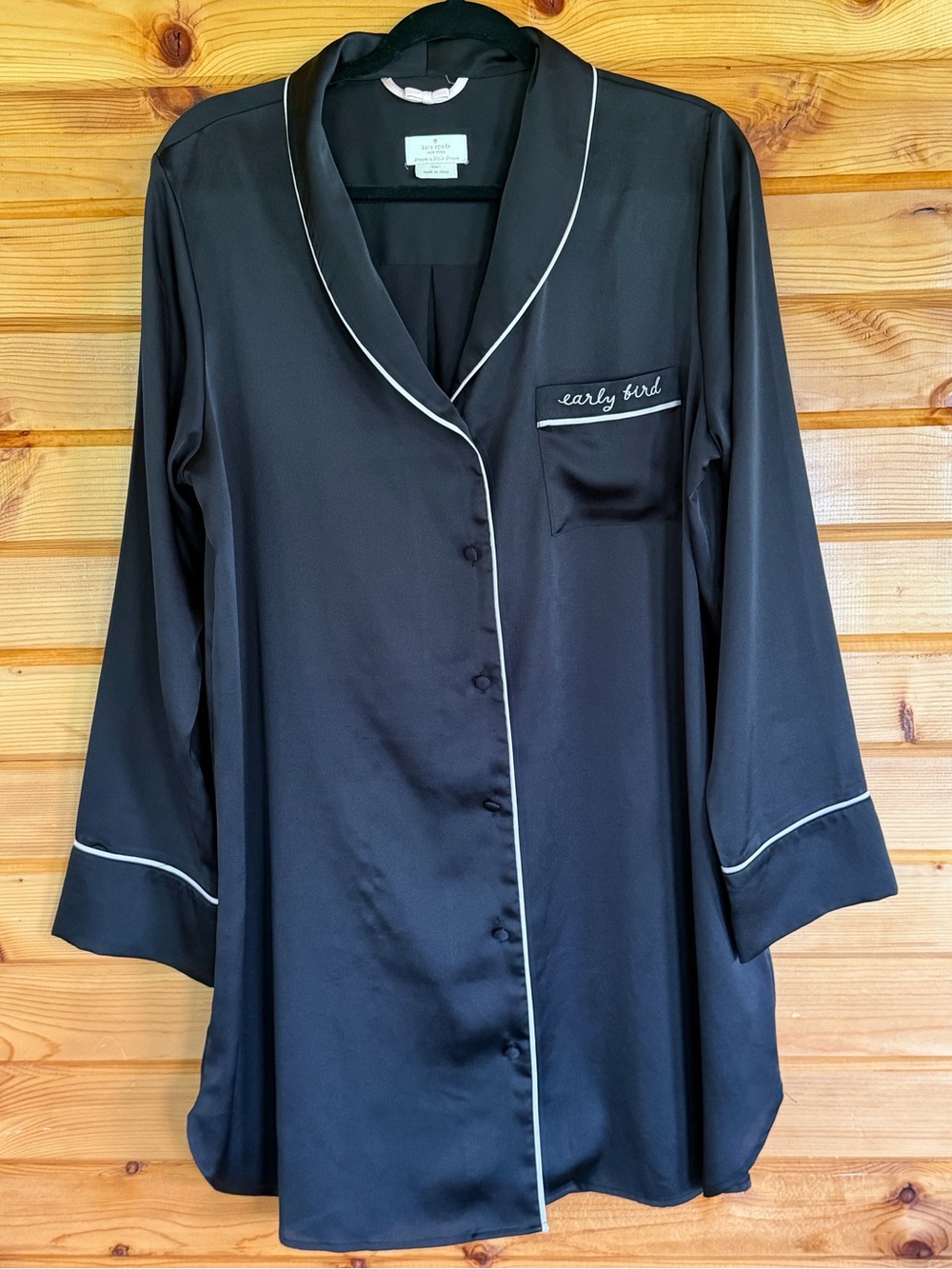 kate spade Black Satin Pajama Shirt with Cream Piping